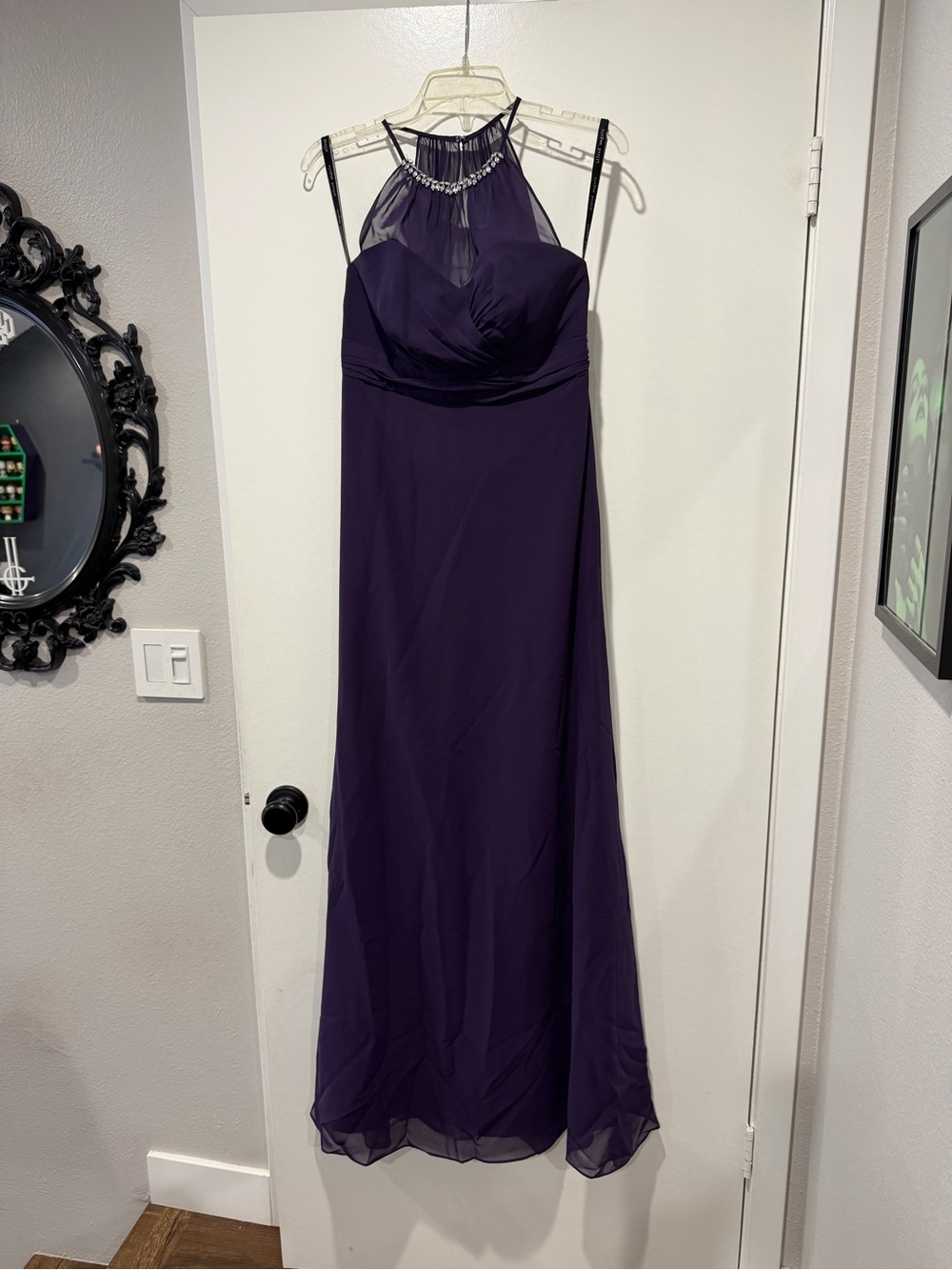 Alfred Angelo Dark Purple Halter Evening Gown with Beaded Neckline